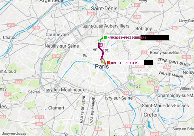 plan itinéraire ratp de Marcadet-Poissonniers à Arts-et-Métiers