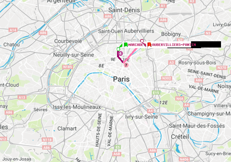 plan itinéraire ratp de Marcadet-Poissonniers à Aubervilliers Pantin (4 Chemins)