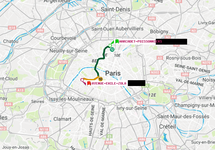 plan itinéraire ratp de Marcadet-Poissonniers à Avenue Emile-Zola