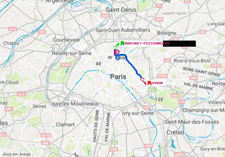 plan itinéraire ratp de Marcadet-Poissonniers à Avron