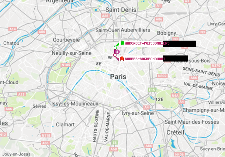 plan itinéraire ratp de Marcadet-Poissonniers à Barbès-Rochechouart