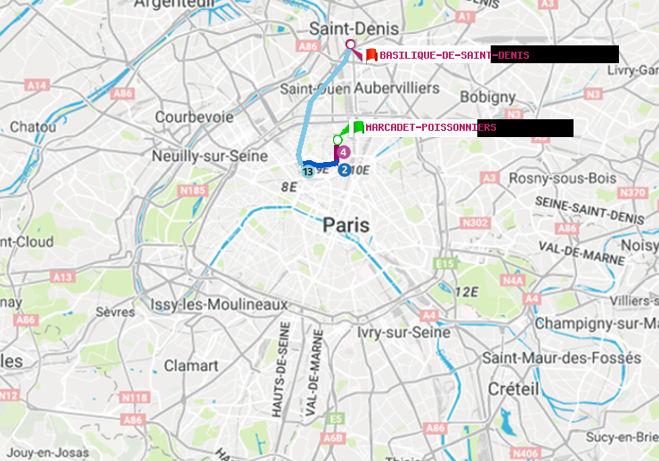 plan itinéraire ratp de Marcadet-Poissonniers à Basilique de Saint-Denis