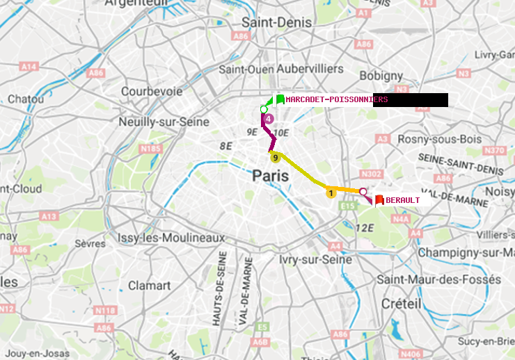 plan itinéraire ratp de Marcadet-Poissonniers à Bérault