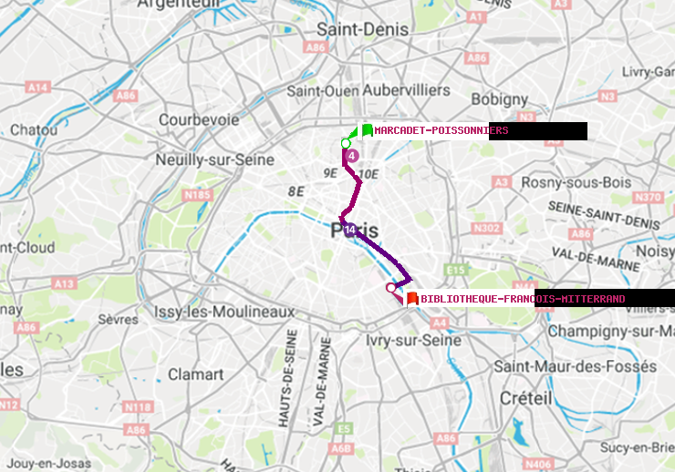 plan itinéraire ratp de Marcadet-Poissonniers à Bibliotheque-Francois Mitterrand
