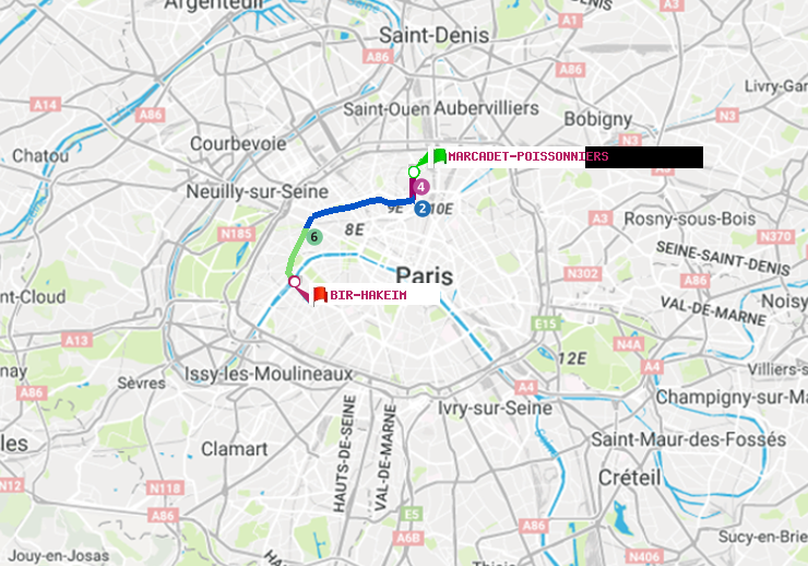 plan itinéraire ratp de Marcadet-Poissonniers à Bir-Hakeim (Grenelle)