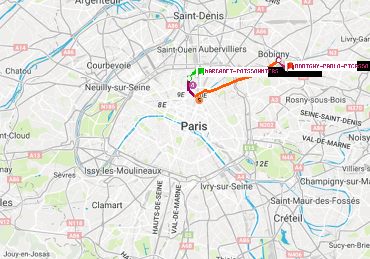 plan itinéraire ratp de Marcadet-Poissonniers à Bobigny-Pablo-Picasso