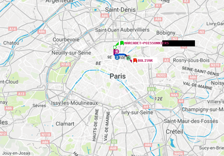 plan itinéraire ratp de Marcadet-Poissonniers à Bolivar