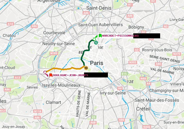 plan itinéraire ratp de Marcadet-Poissonniers à Boulogne-Jean-Jaurès