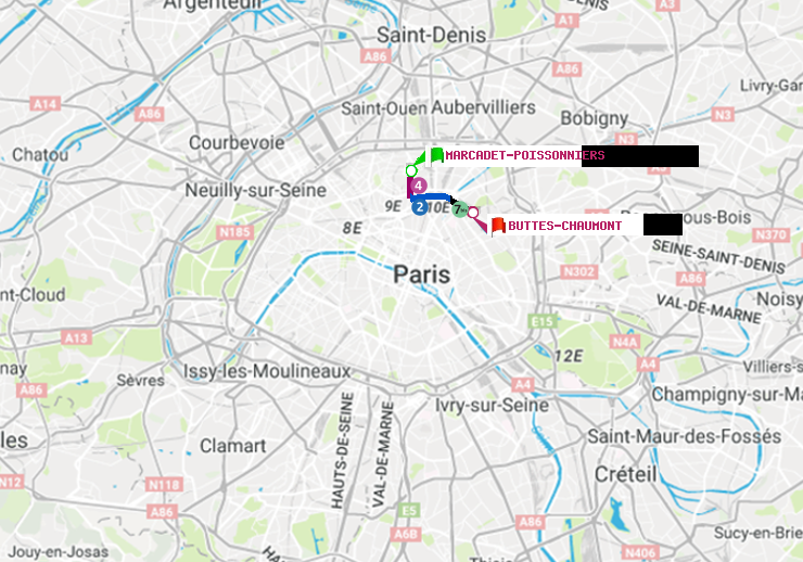plan itinéraire ratp de Marcadet-Poissonniers à Buttes-Chaumont