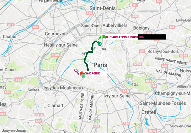 plan itinéraire ratp de Marcadet-Poissonniers à Cambronne