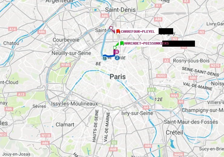 plan itinéraire ratp de Marcadet-Poissonniers à Carrefour-Pleyel