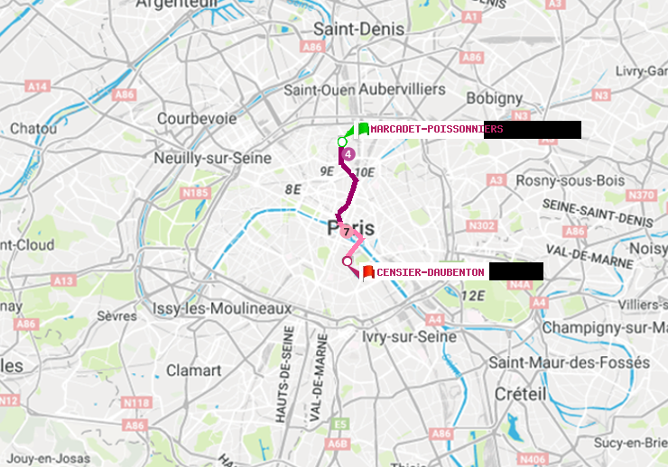 plan itinéraire ratp de Marcadet-Poissonniers à Censier-Daubenton