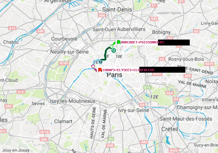 plan itinéraire ratp de Marcadet-Poissonniers à Champs-Elysées-Clémenceau