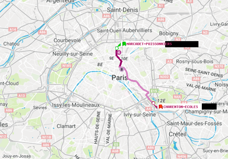 plan itinéraire ratp de Marcadet-Poissonniers à Charenton-Ecoles