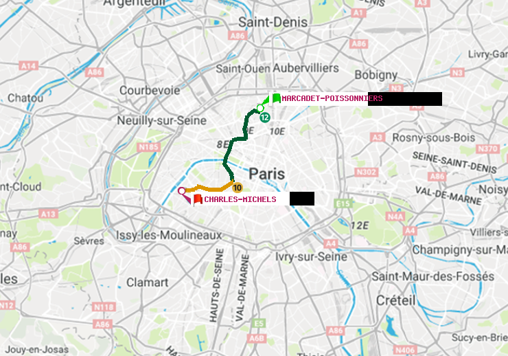 plan itinéraire ratp de Marcadet-Poissonniers à Charles Michels