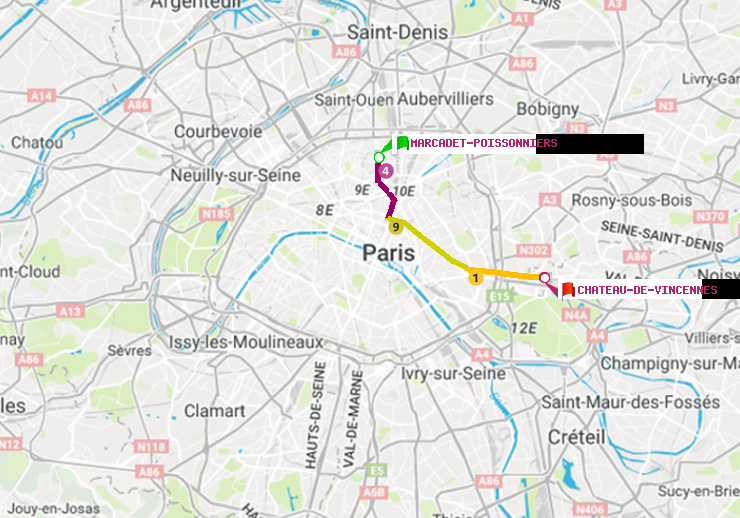 plan itinéraire ratp de Marcadet-Poissonniers à Château de Vincennes