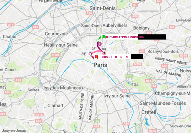 plan itinéraire ratp de Marcadet-Poissonniers à Chaussée d