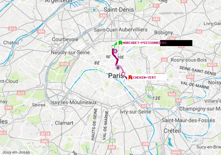 plan itinéraire ratp de Marcadet-Poissonniers à Chemin Vert