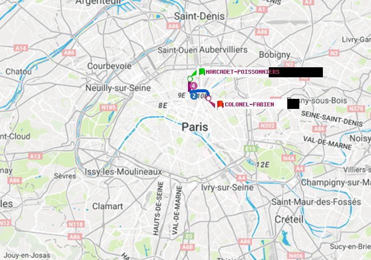 plan itinéraire ratp de Marcadet-Poissonniers à Colonel Fabien