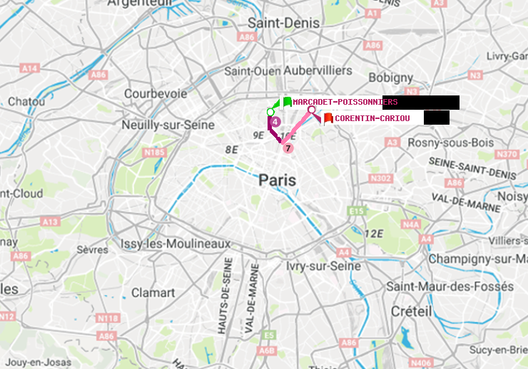 plan itinéraire ratp de Marcadet-Poissonniers à Corentin-Cariou