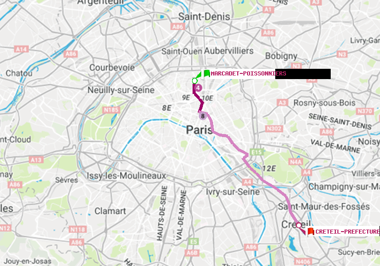 plan itinéraire ratp de Marcadet-Poissonniers à Créteil-Préfecture (Hôtel de Ville)