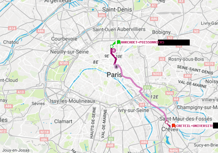 plan itinéraire ratp de Marcadet-Poissonniers à Créteil-Université