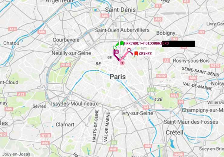 plan itinéraire ratp de Marcadet-Poissonniers à Crimée