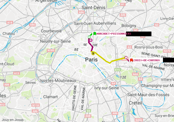 plan itinéraire ratp de Marcadet-Poissonniers à Croix-de-Chavaux (Jacques Duclos)