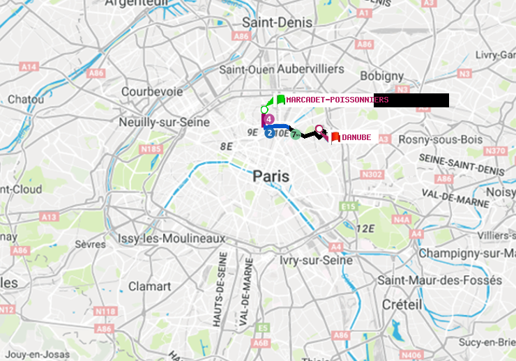 plan itinéraire ratp de Marcadet-Poissonniers à Danube