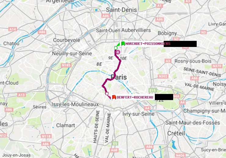 plan itinéraire ratp de Marcadet-Poissonniers à Denfert-Rochereau