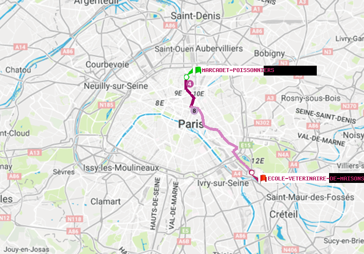 plan itinéraire ratp de Marcadet-Poissonniers à Ecole Vétérinaire de Maisons-Alfort