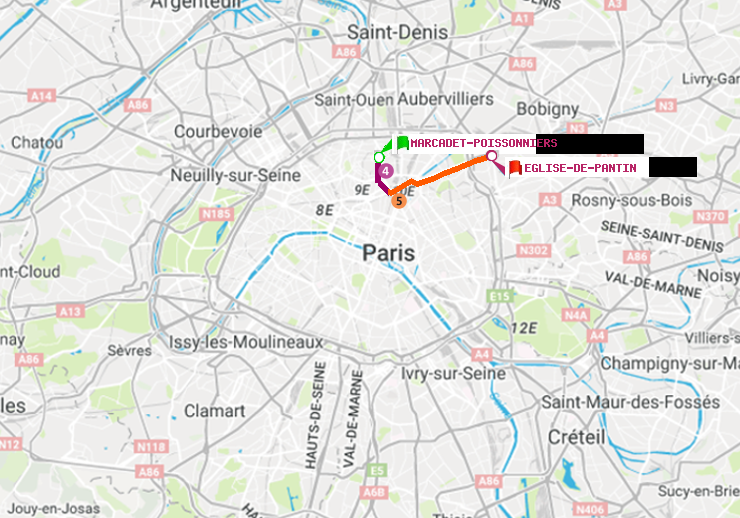 plan itinéraire ratp de Marcadet-Poissonniers à Eglise de Pantin
