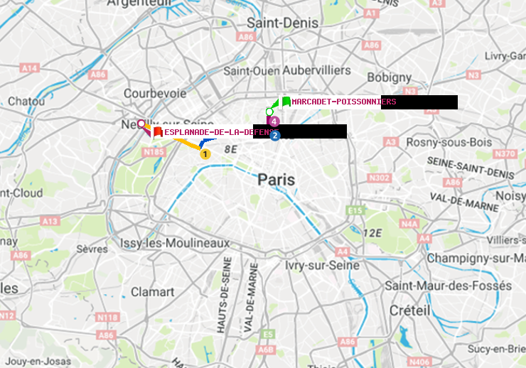 plan itinéraire ratp de Marcadet-Poissonniers à Esplanade de la Défense