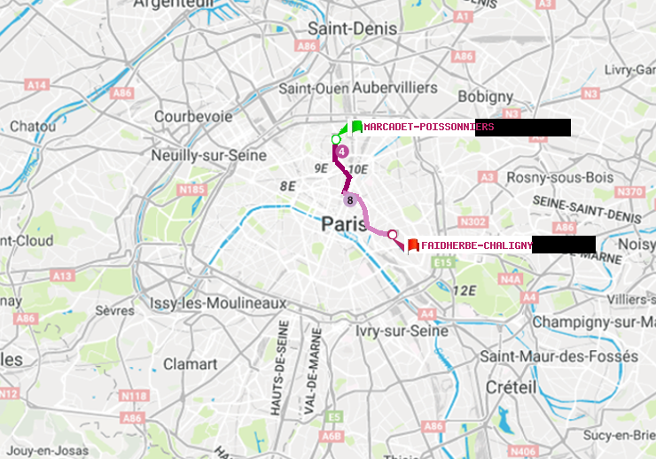 plan itinéraire ratp de Marcadet-Poissonniers à Faidherbe-Chaligny
