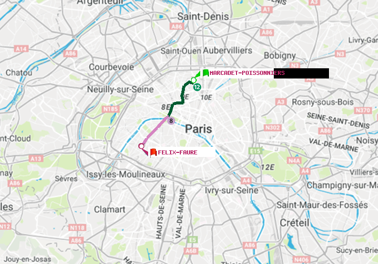 plan itinéraire ratp de Marcadet-Poissonniers à Félix Faure
