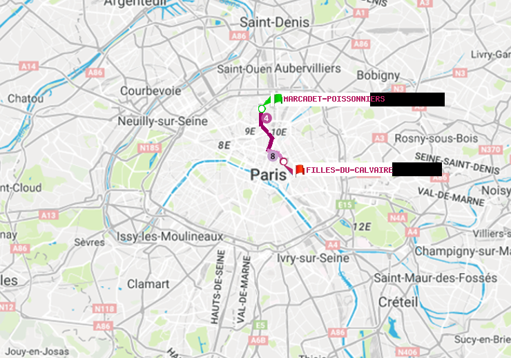 plan itinéraire ratp de Marcadet-Poissonniers à Filles du Calvaire