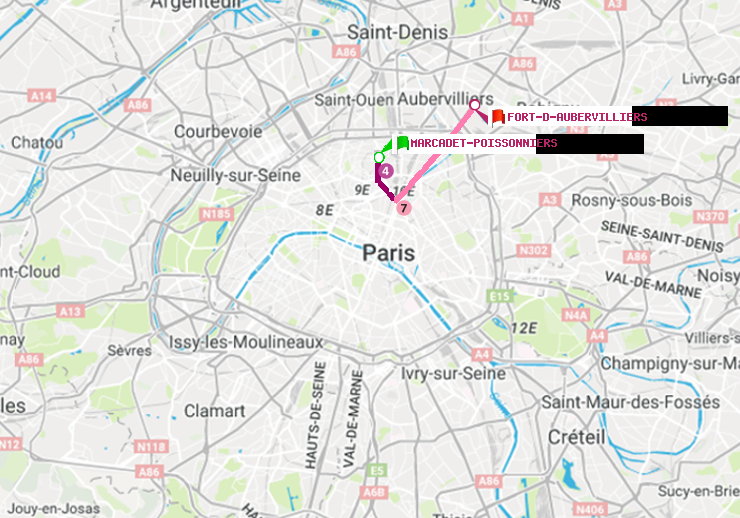 plan itinéraire ratp de Marcadet-Poissonniers à Fort d
