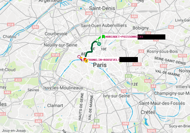 plan itinéraire ratp de Marcadet-Poissonniers à Franklin-Roosevelt