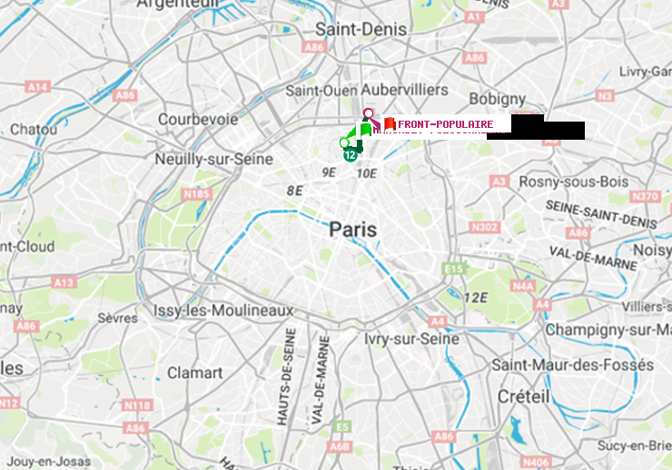 plan itinéraire ratp de Marcadet-Poissonniers à Front Populaire