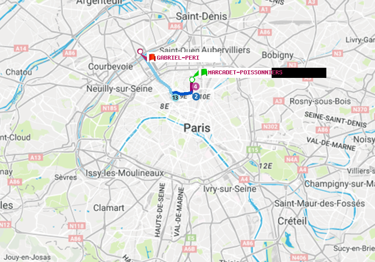 plan itinéraire ratp de Marcadet-Poissonniers à Gabriel-Péri