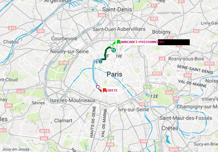 plan itinéraire ratp de Marcadet-Poissonniers à Gaité