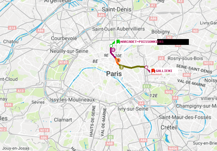 plan itinéraire ratp de Marcadet-Poissonniers à Gallieni (Parc de Bagnolet)