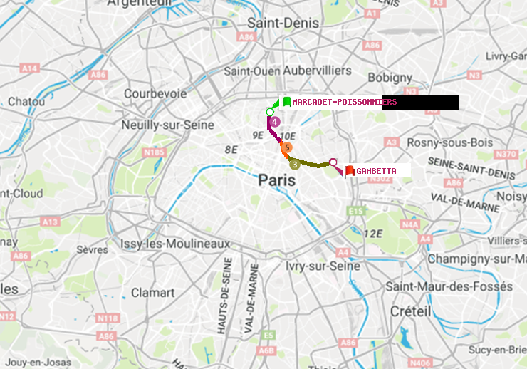 plan itinéraire ratp de Marcadet-Poissonniers à Gambetta