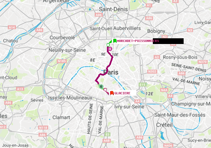plan itinéraire ratp de Marcadet-Poissonniers à Glacière