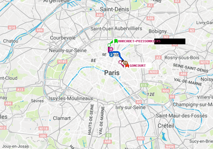 plan itinéraire ratp de Marcadet-Poissonniers à Goncourt (Hôpital Saint-Louis)