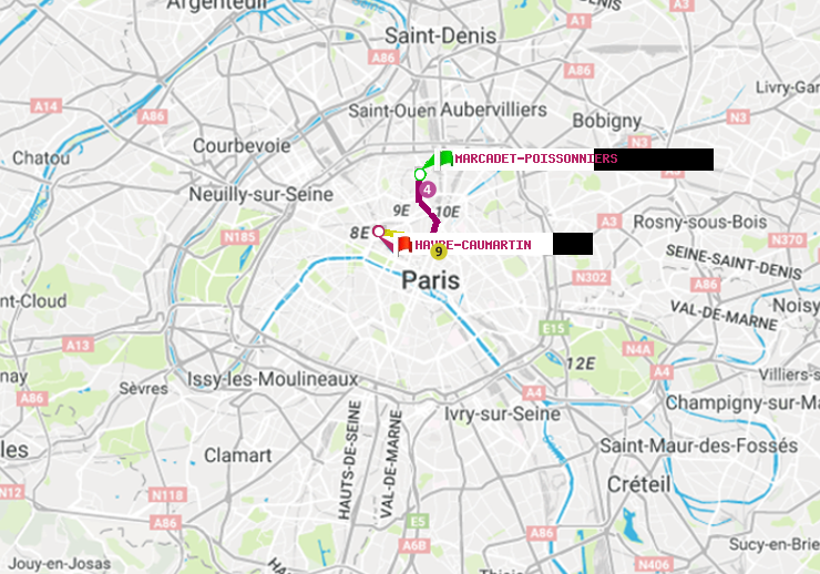 plan itinéraire ratp de Marcadet-Poissonniers à Havre-Caumartin