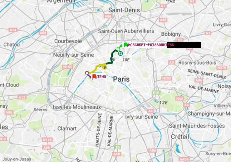 plan itinéraire ratp de Marcadet-Poissonniers à Iéna