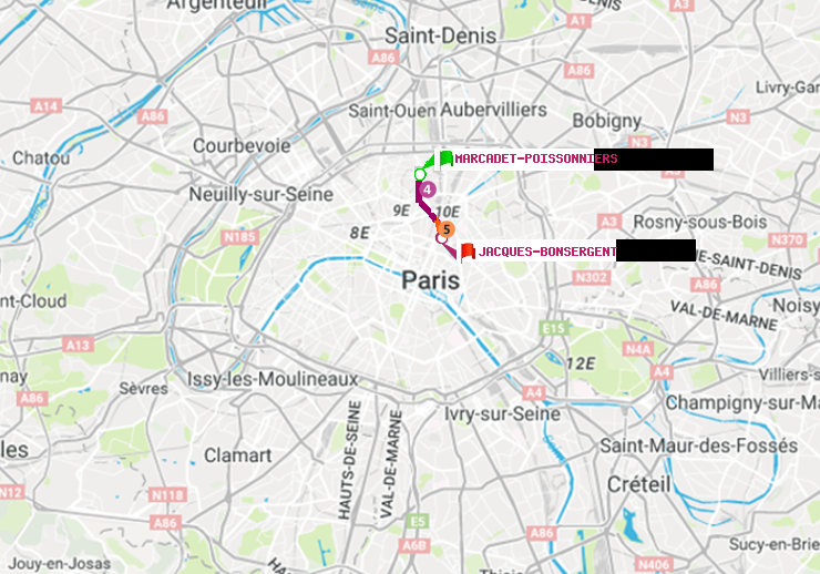 plan itinéraire ratp de Marcadet-Poissonniers à Jacques-Bonsergent