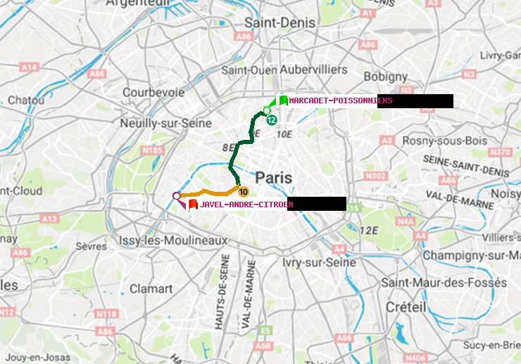 plan itinéraire ratp de Marcadet-Poissonniers à Javel-André-Citroen