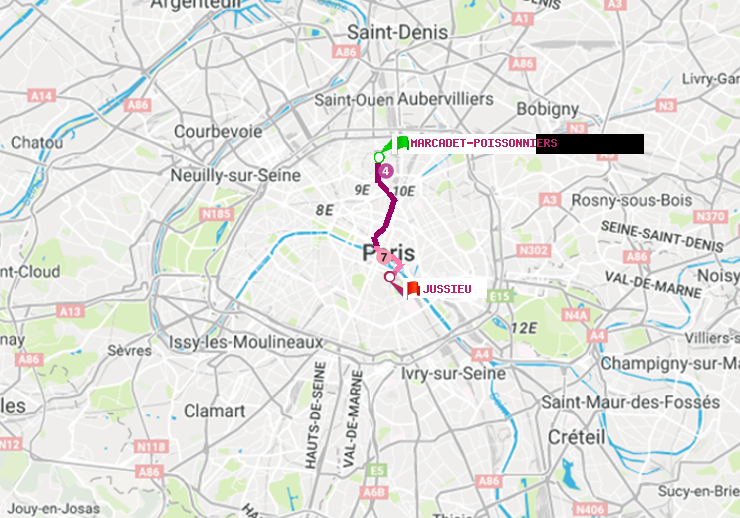 plan itinéraire ratp de Marcadet-Poissonniers à Jussieu